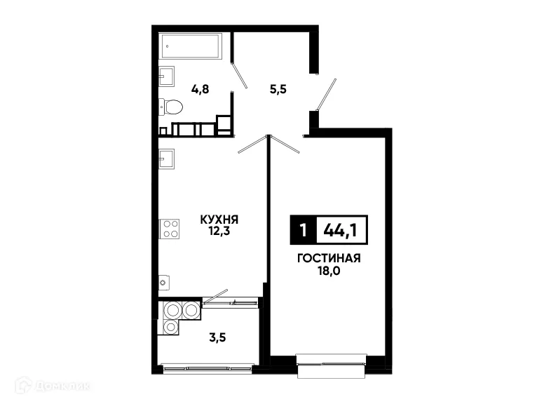 Планировка 1-комнатной квартиры 44.1 м² в ЖК Кварталы 17/77, г. Ставрополь — фото 1