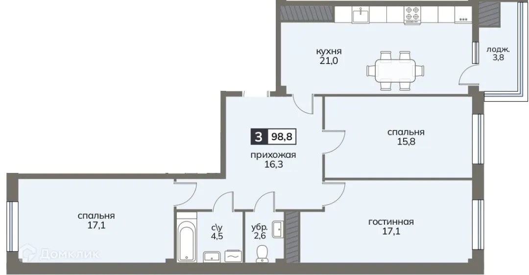 Планировка 3-комнатной квартиры 98.8 м² в ЖК Клубный дом "Серов", г. Ставрополь — фото 2