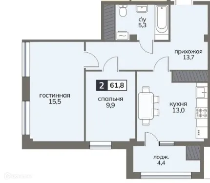 Планировка 2-комнатной квартиры 61.8 м² в ЖК Клубный дом "Серов", г. Ставрополь — фото 2