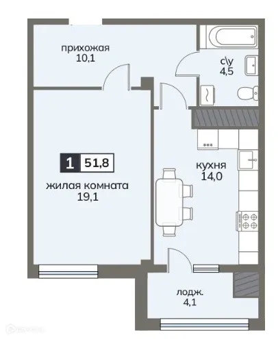 Планировка 1-комнатной квартиры 51.8 м² в ЖК Клубный дом "Серов", г. Ставрополь — фото 2