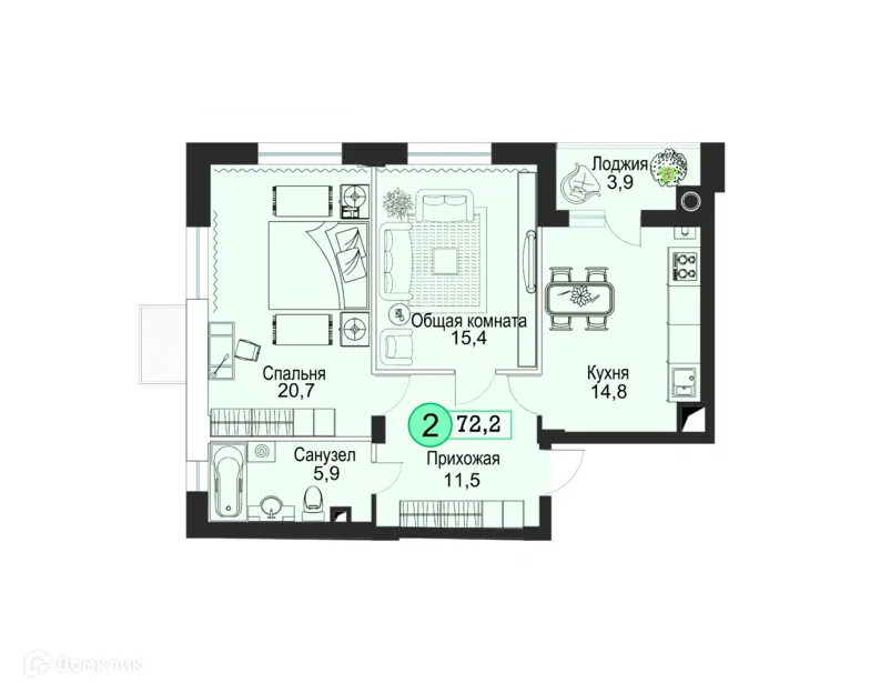 Планировка 2-комнатной квартиры 72.2 м² в ЖК Киринский, г. Ставрополь — фото 2
