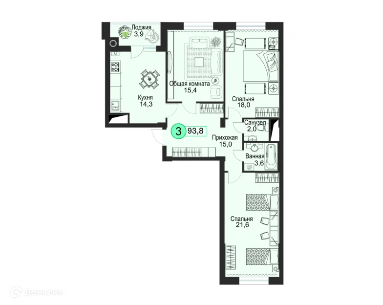 Планировка 3-комнатной квартиры 93.8 м² в ЖК Киринский, г. Ставрополь — фото 2