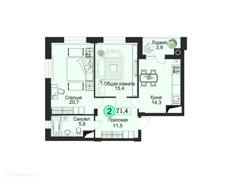 Планировка 2-комнатной квартиры 71.4 м² в ЖК Киринский, г. Ставрополь — фото 2
