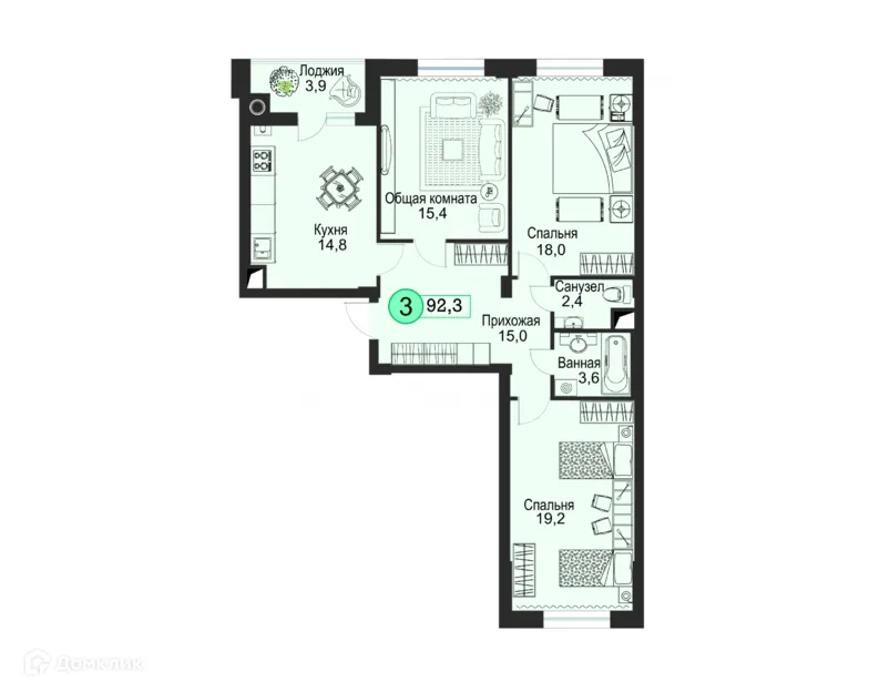 Планировка 3-комнатной квартиры 92.3 м² в ЖК Киринский, г. Ставрополь — фото 2