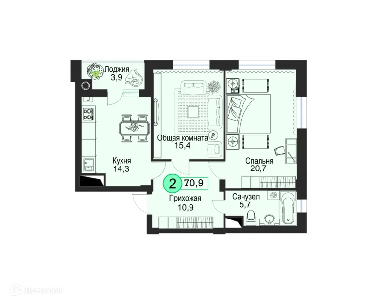 Планировка 2-комнатной квартиры 70.9 м² в ЖК Киринский, г. Ставрополь — фото 2