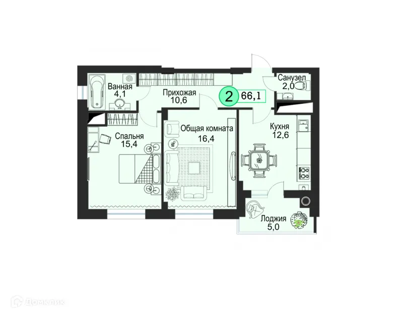 Планировка 2-комнатной квартиры 66.1 м² в ЖК Киринский, г. Ставрополь — фото 2