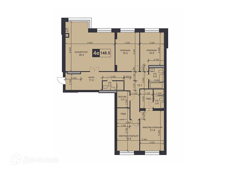 Планировка 4-комнатной квартиры 148.5 м² в ЖК «НАДЕЖДА», г. Ставрополь — фото 1
