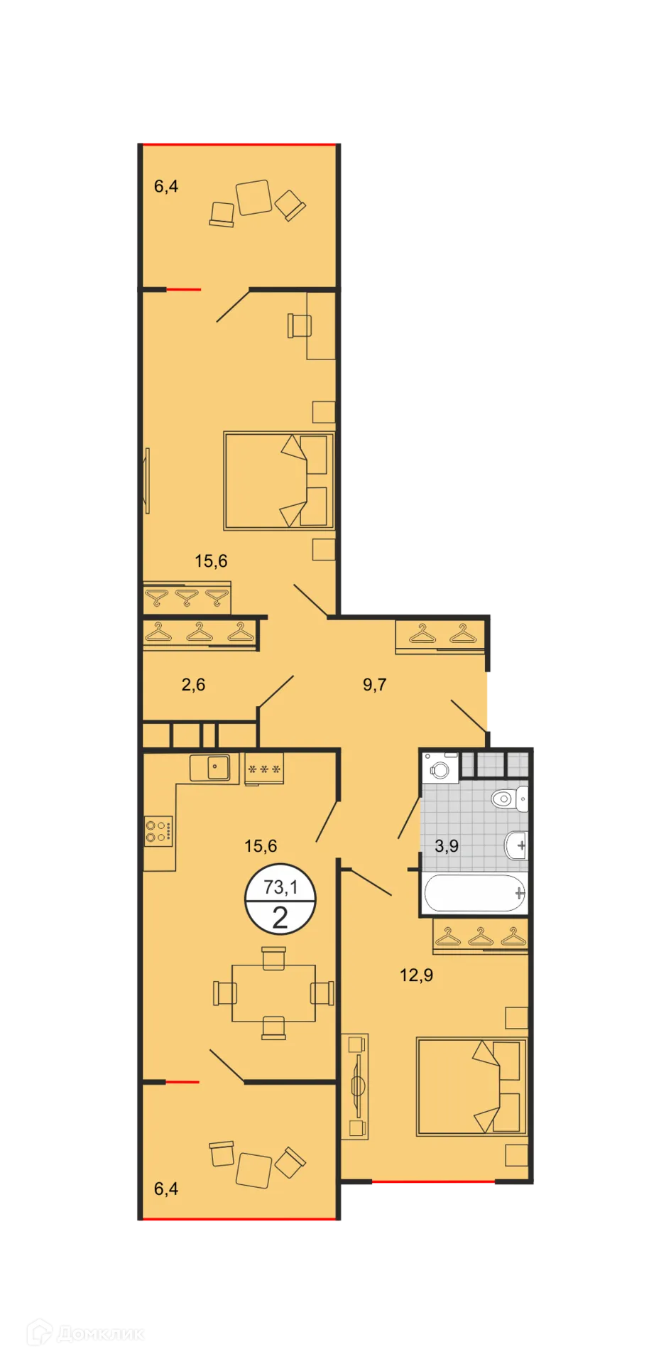 Планировка 2-комнатной квартиры 73.83 м² в ЖК Квартал 204, г. Ставрополь — фото 1