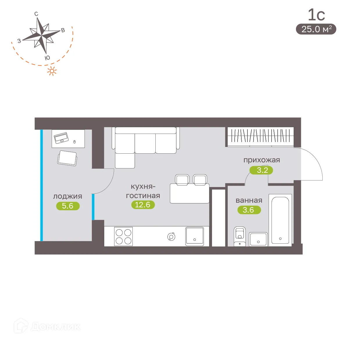 Планировка студии квартиры 25 м² в ЖК Притяжение, г. Ставрополь — фото 4