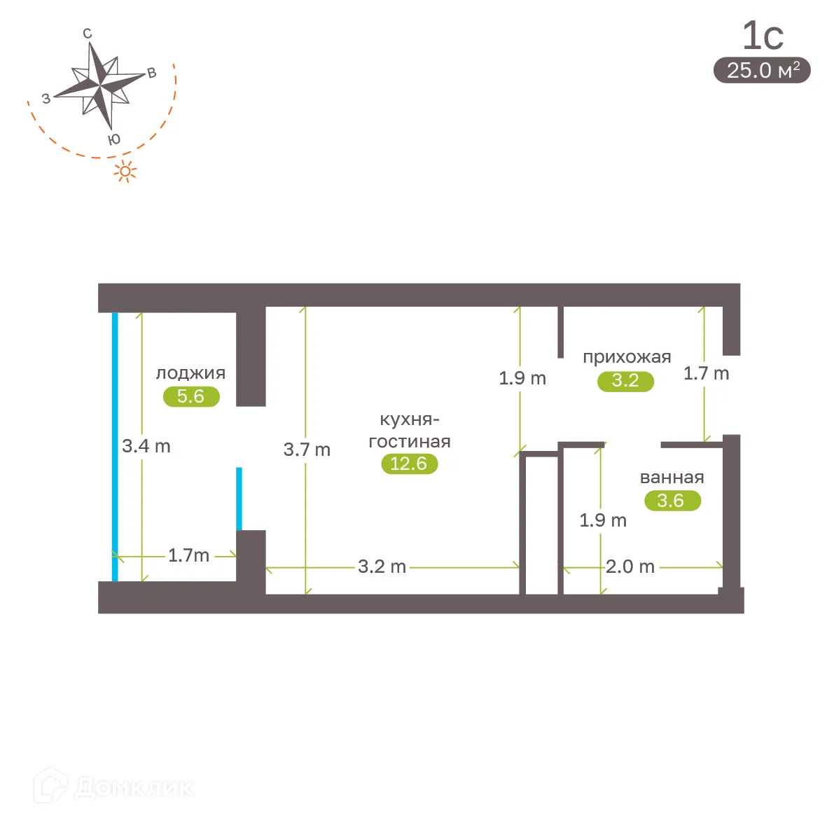 Планировка студии квартиры 25 м² в ЖК Притяжение, г. Ставрополь — фото 5