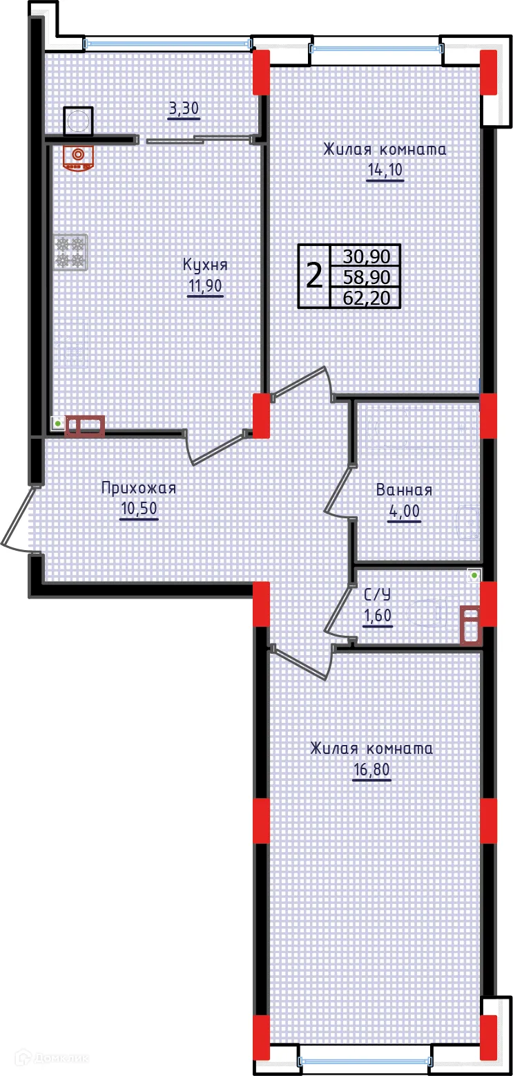 Планировка 2-комнатной квартиры 62.2 м² в ЖК "Суворов", г. Ставрополь — фото 1