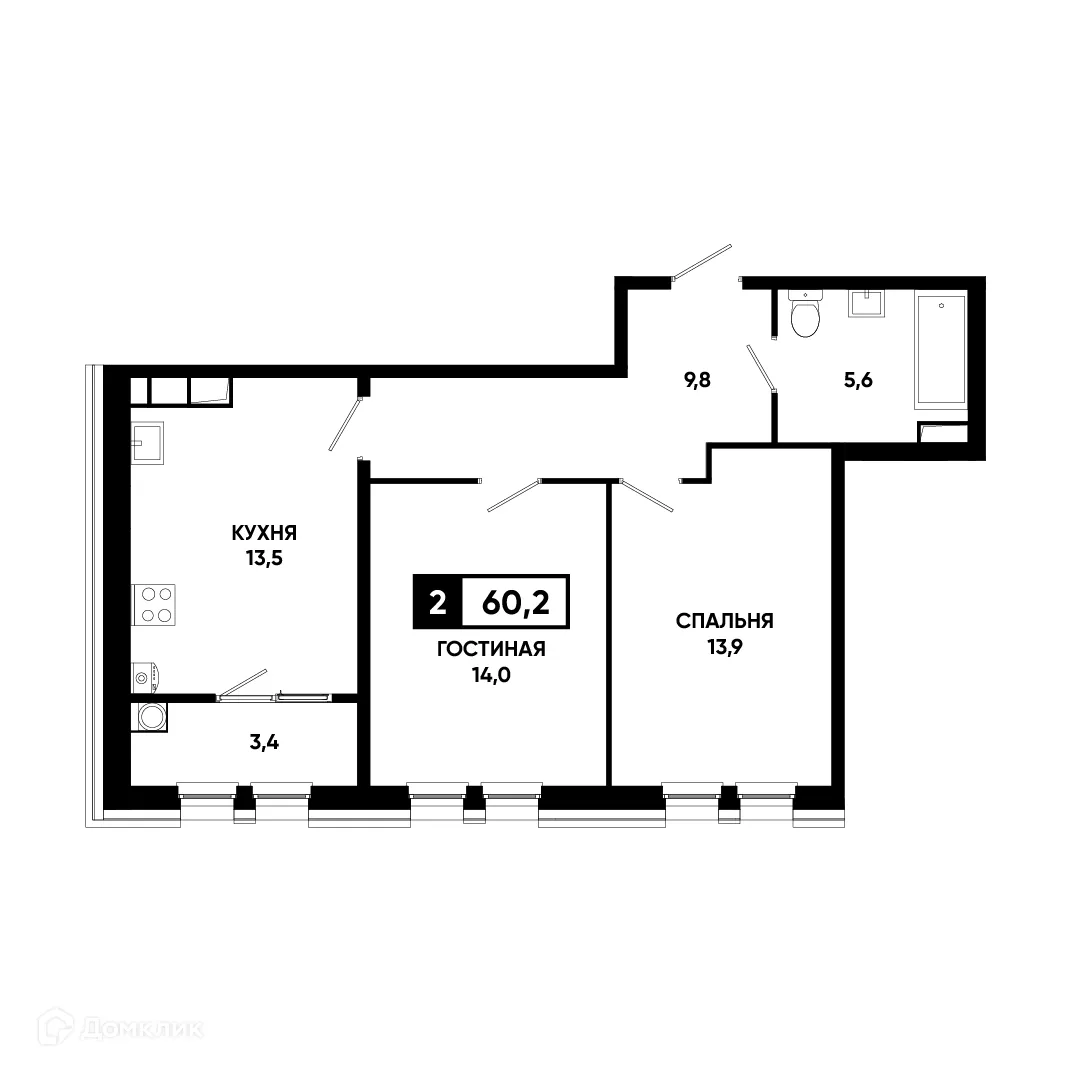 Планировка 2-комнатной квартиры 60.2 м² в ЖК Основа, г. Ставрополь — фото 2