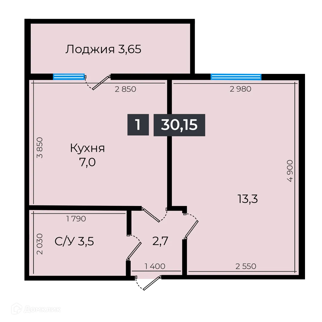 Планировка 1-комнатной квартиры 30.05 м² в ЖК Атмосфера-1, г. Ставрополь — фото 1
