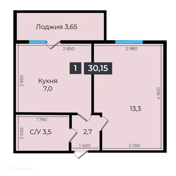Планировка 1 комн. в ЖК Атмосфера-1