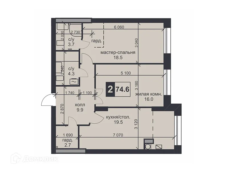 Планировка 2-комнатной квартиры 74.6 м² в ЖК «НАДЕЖДА», г. Ставрополь — фото 1