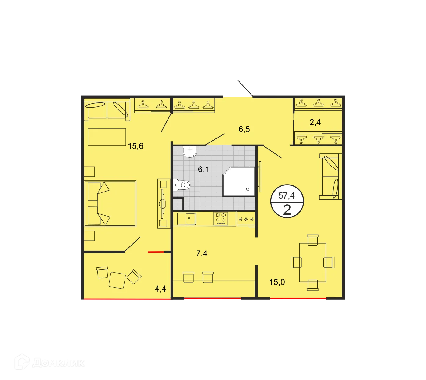 Планировка 2-комнатной квартиры 56.87 м² в ЖК Квартал 204, г. Ставрополь — фото 2