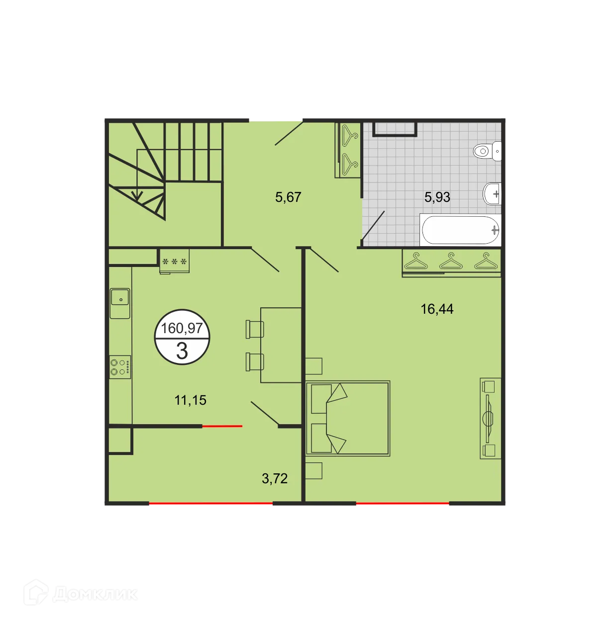 Планировка 3-комнатной квартиры 160.97 м² в ЖК Дыхание, г. Ставрополь — фото 2