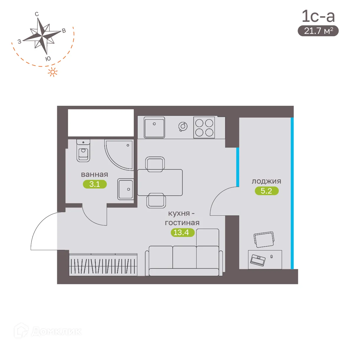 Планировка студии квартиры 21.7 м² в ЖК Притяжение, г. Ставрополь — фото 4
