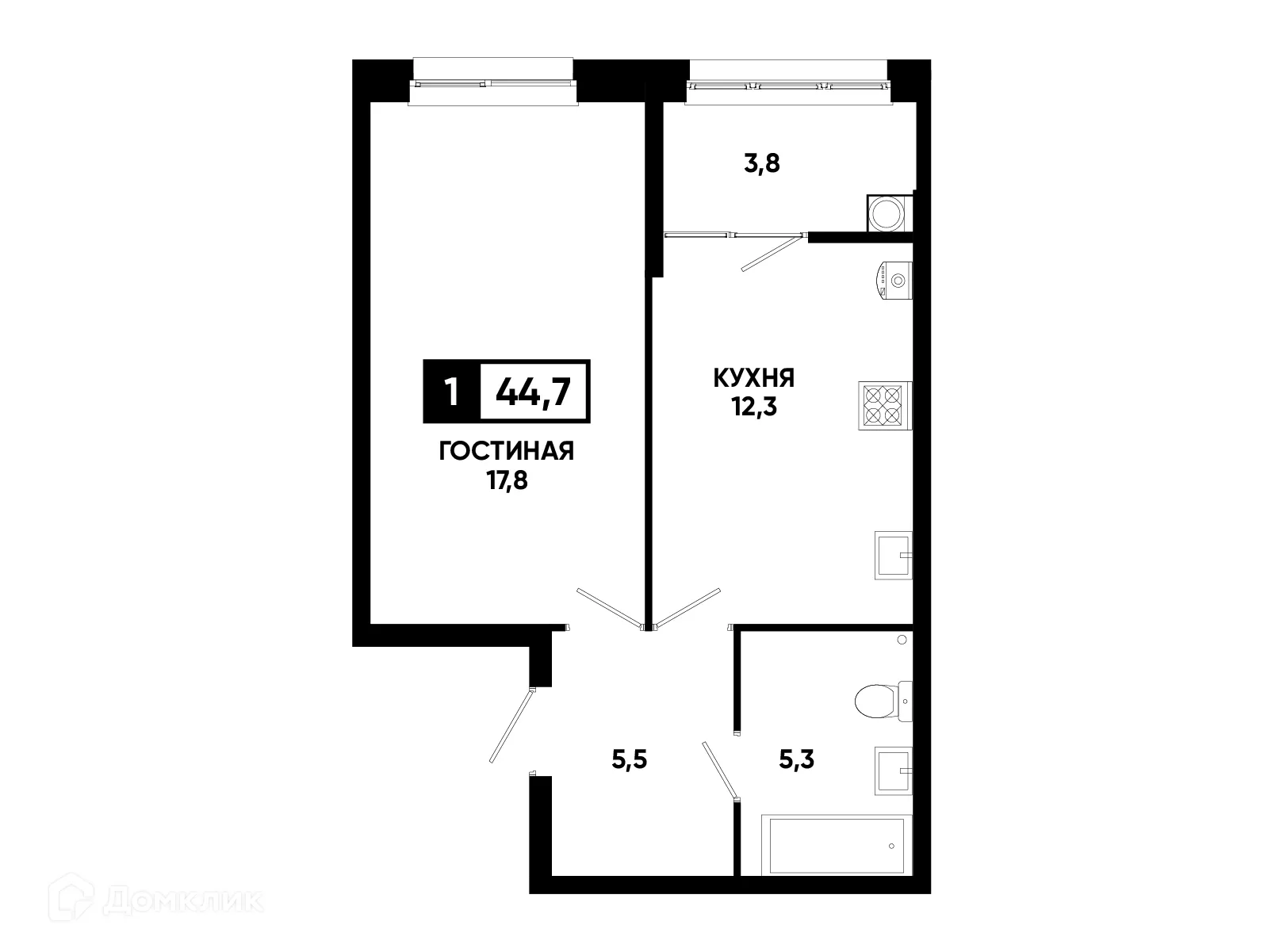 Планировка 1-комнатной квартиры 44.7 м² в ЖК Кварталы 17/77, г. Ставрополь — фото 1