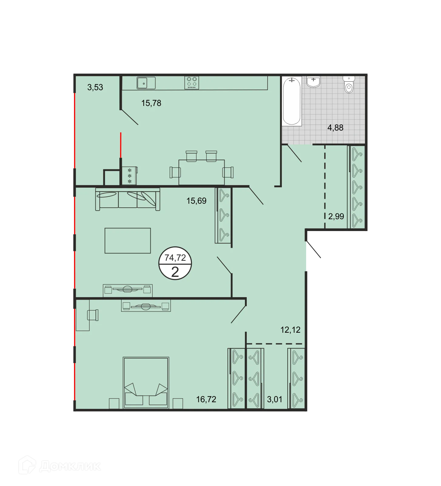 Планировка 2-комнатной квартиры 74.72 м² в ЖК Дыхание, г. Ставрополь — фото 2