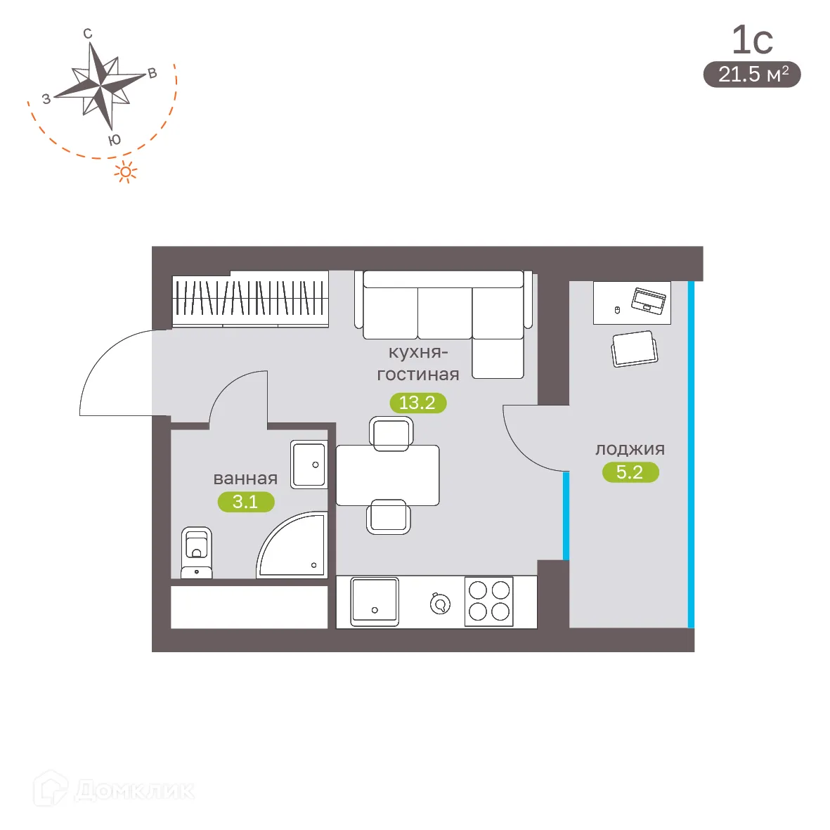Планировка студии квартиры 21.3 м² в ЖК Притяжение, г. Ставрополь — фото 4