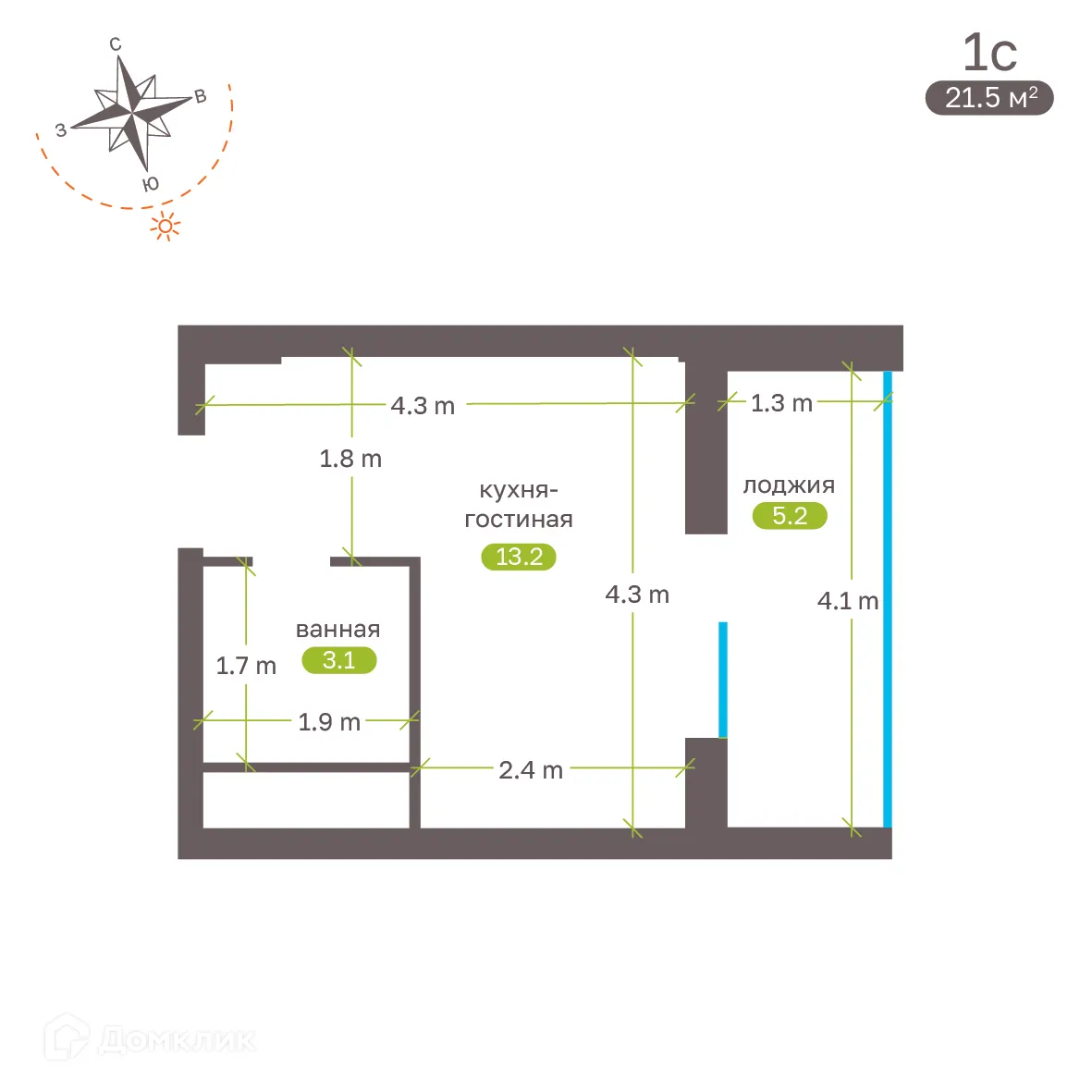 Планировка студии квартиры 21.3 м² в ЖК Притяжение, г. Ставрополь — фото 5