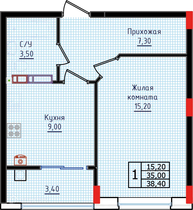 Планировка 1-комнатной квартиры 38.4 м² в ЖК "Суворов", г. Ставрополь — фото 2