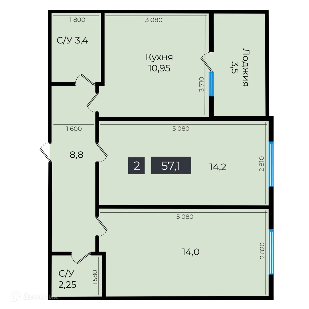 Планировка 2-комнатной квартиры 57.4 м² в ЖК Атмосфера-1, г. Ставрополь — фото 1