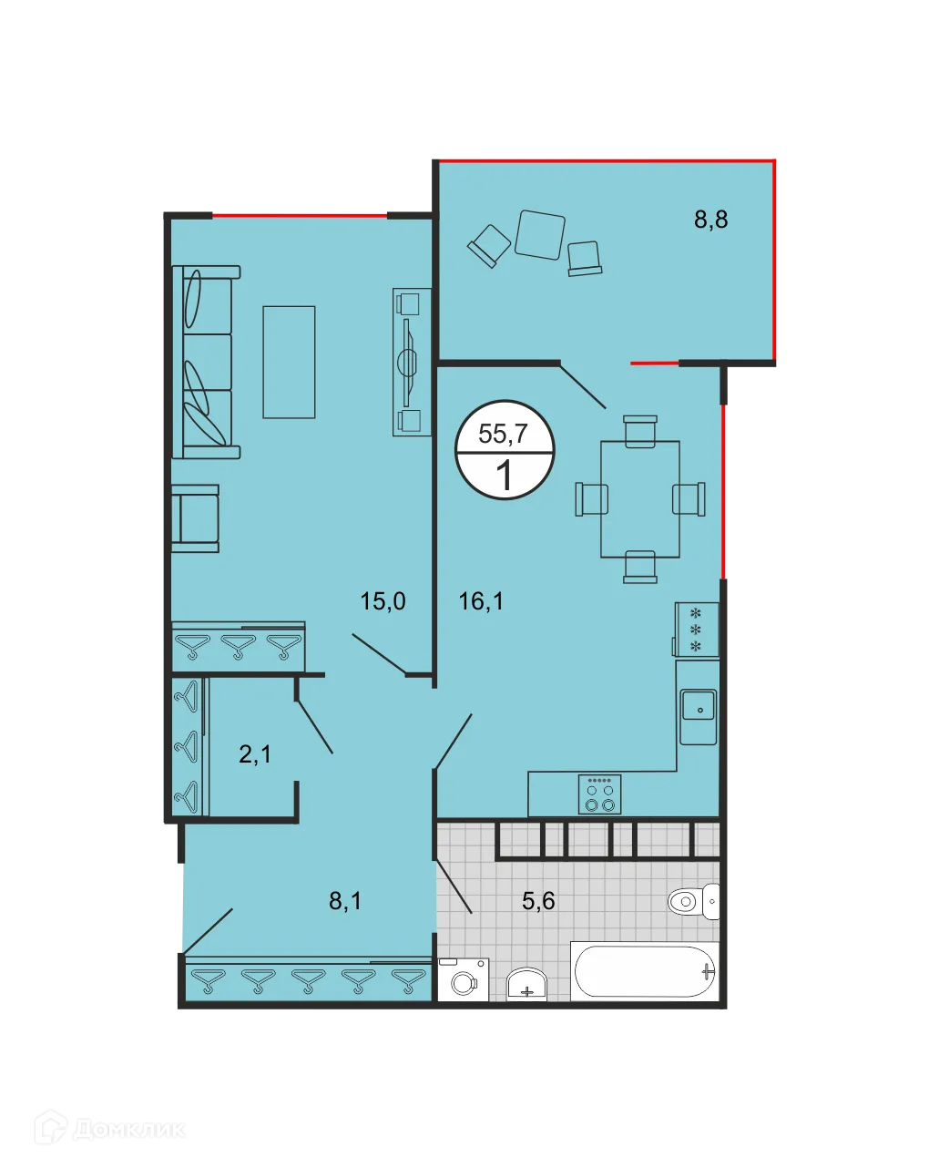 Планировка 1-комнатной квартиры 55.49 м² в ЖК Квартал 204, г. Ставрополь — фото 2