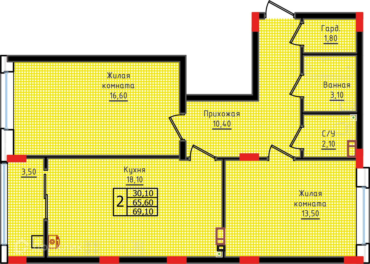 Планировка 2-комнатной квартиры 69 м² в ЖК "Суворов", г. Ставрополь — фото 1
