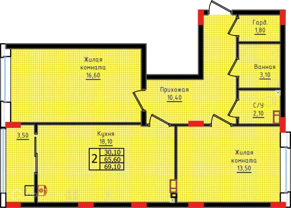 Планировка 2 комн. в ЖК "Суворов"