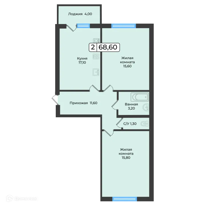 Планировка 2-комнатной квартиры 68.6 м² в ЖК Европейский 5, г. Ставрополь — фото 1