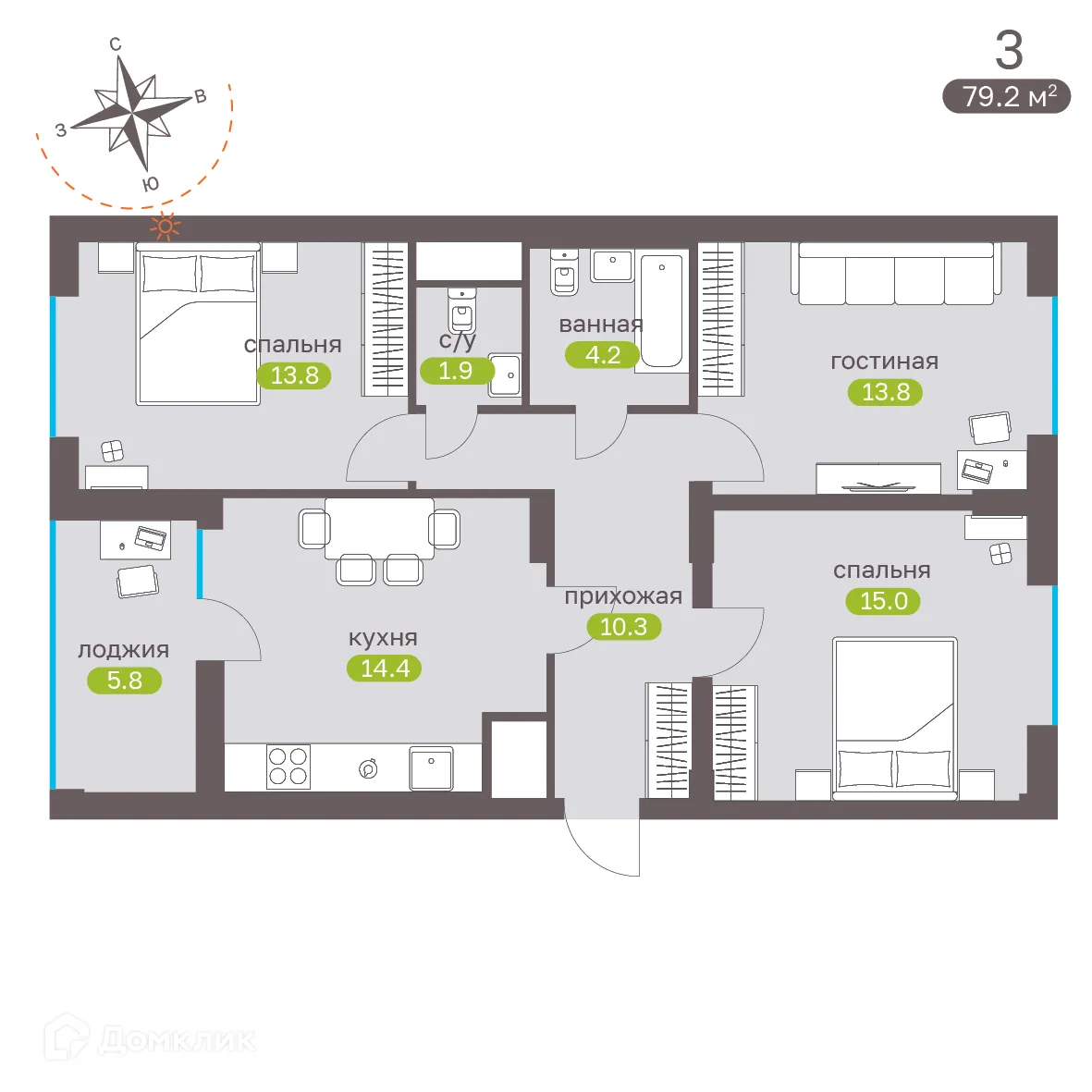 Планировка 3-комнатной квартиры 78.7 м² в ЖК Притяжение, г. Ставрополь — фото 4