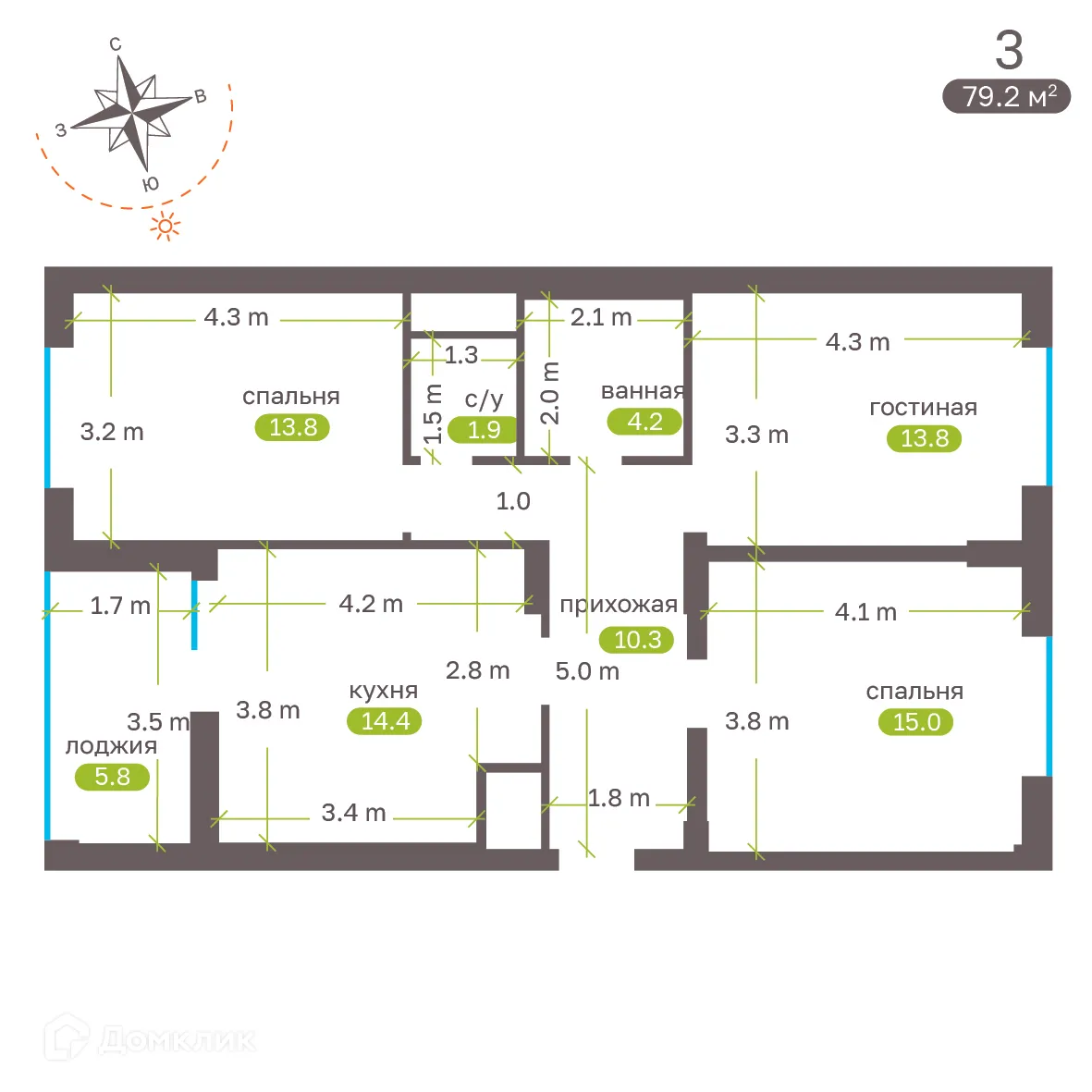 Планировка 3-комнатной квартиры 78.7 м² в ЖК Притяжение, г. Ставрополь — фото 5