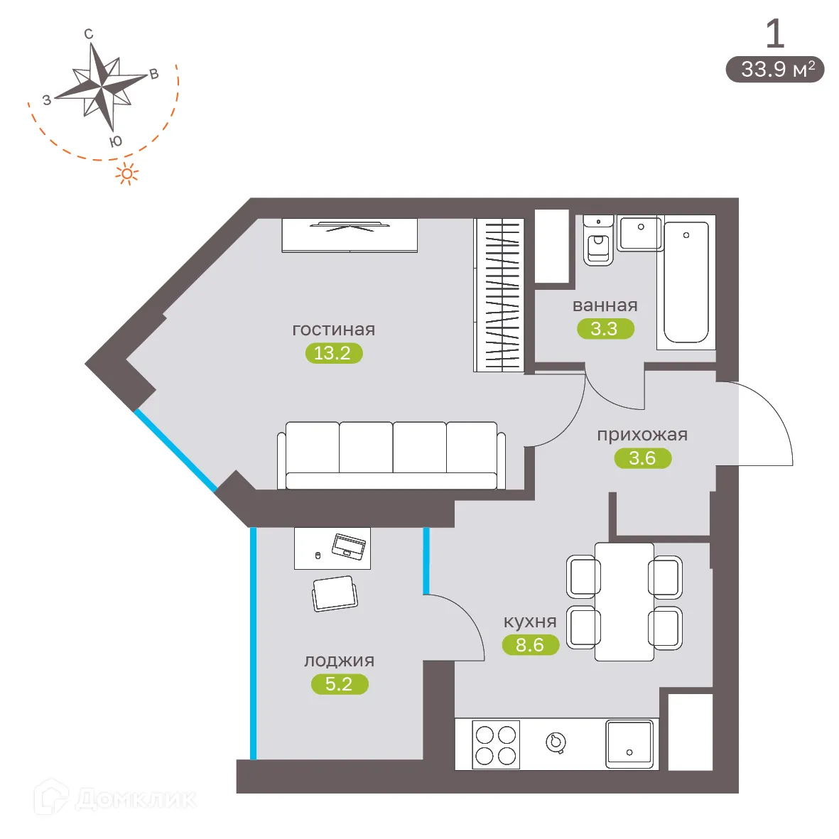 Планировка 1-комнатной квартиры 33.9 м² в ЖК Притяжение, г. Ставрополь — фото 4