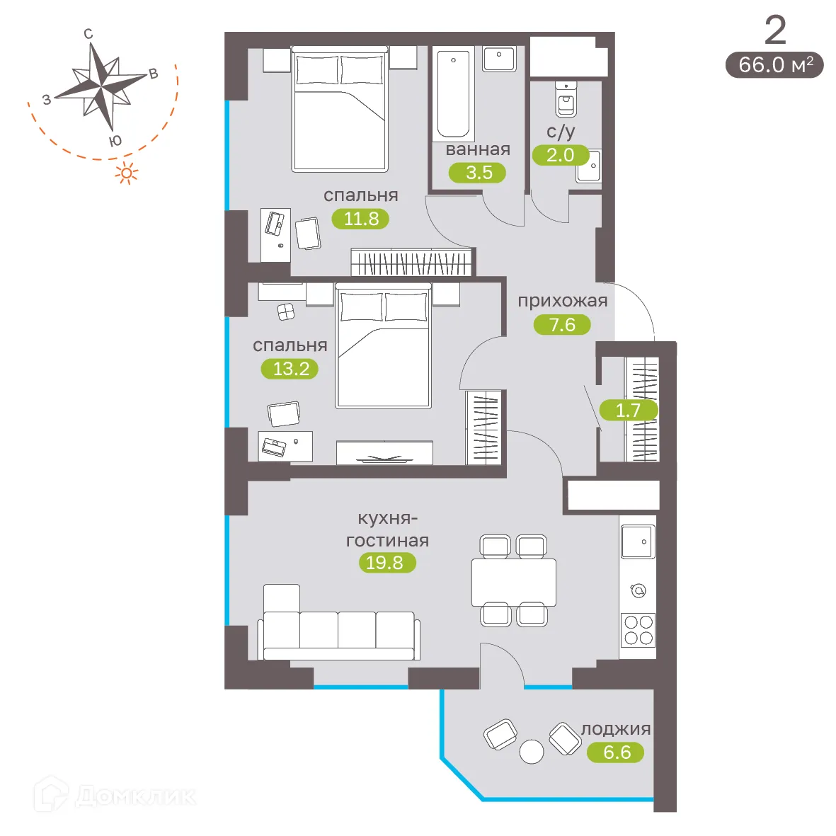 Планировка 2-комнатной квартиры 66.9 м² в ЖК Притяжение, г. Ставрополь — фото 4