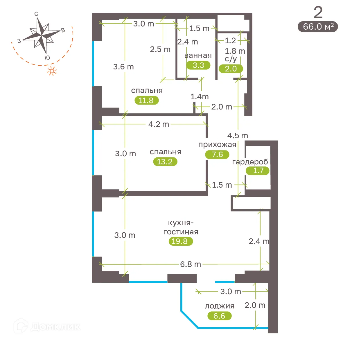 Планировка 2-комнатной квартиры 66.9 м² в ЖК Притяжение, г. Ставрополь — фото 5