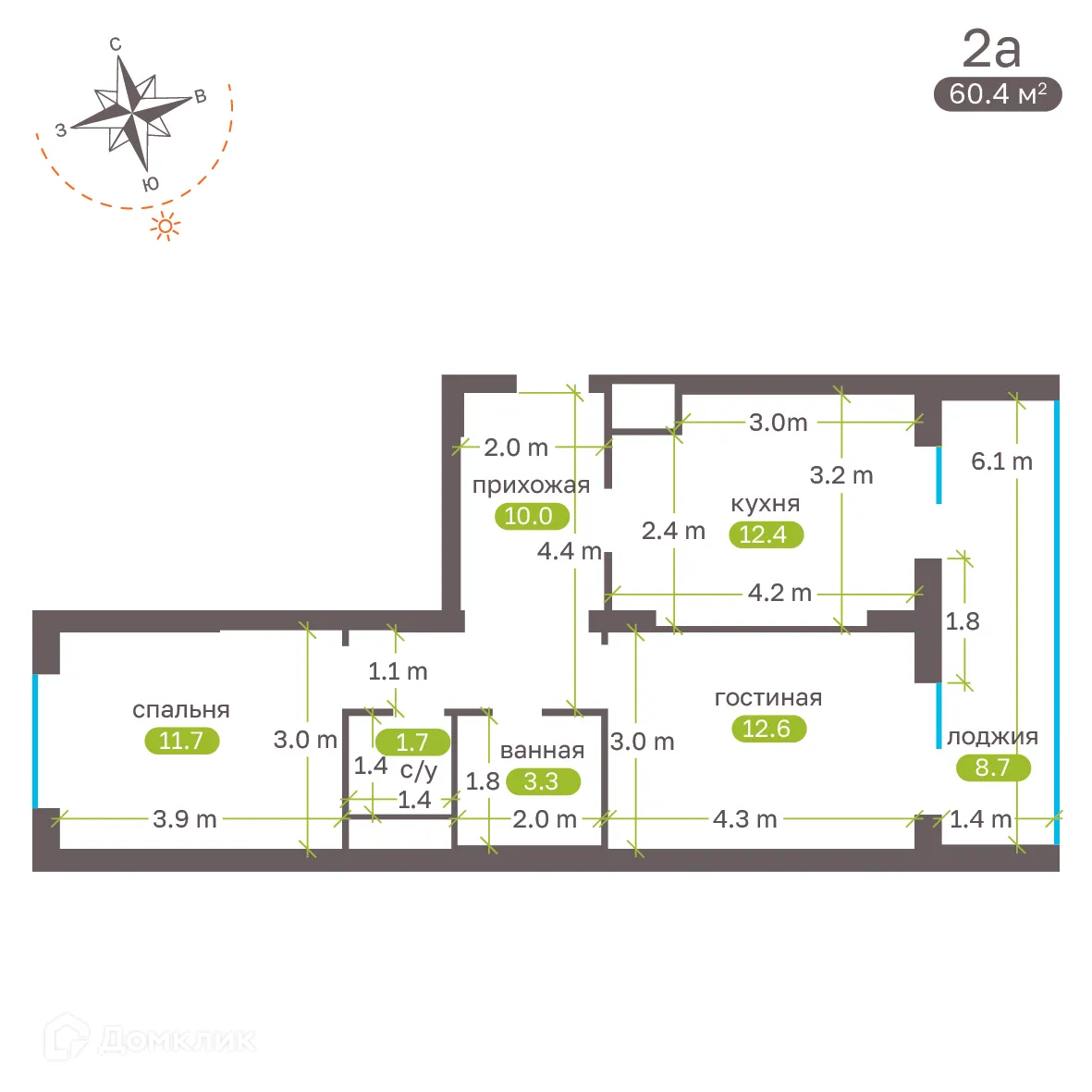 Планировка 2-комнатной квартиры 60.2 м² в ЖК Притяжение, г. Ставрополь — фото 5