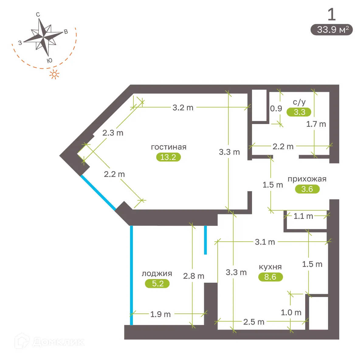 Планировка 1-комнатной квартиры 33.7 м² в ЖК Притяжение, г. Ставрополь — фото 5