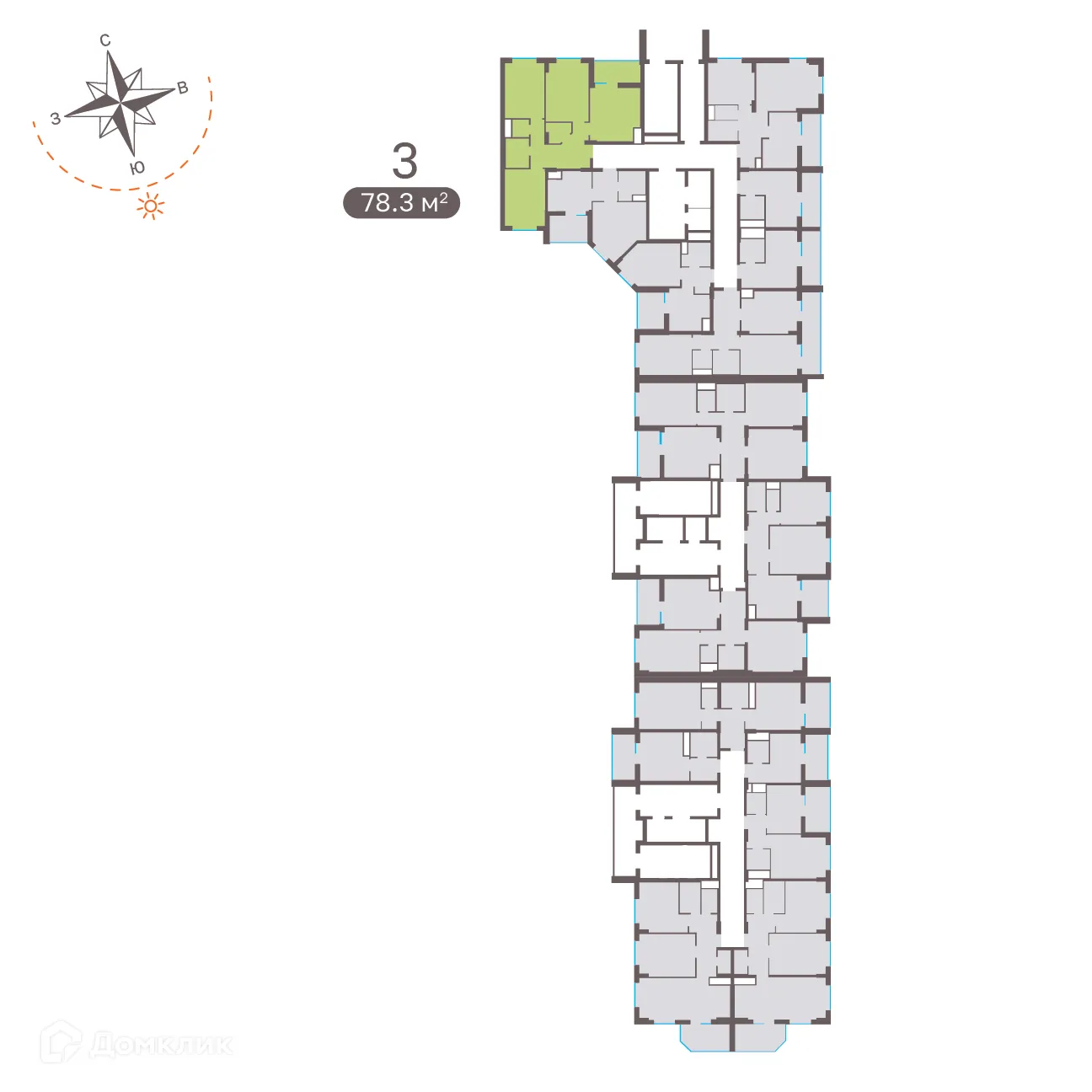 Планировка 3-комнатной квартиры 78.1 м² в ЖК Притяжение, г. Ставрополь — фото 2