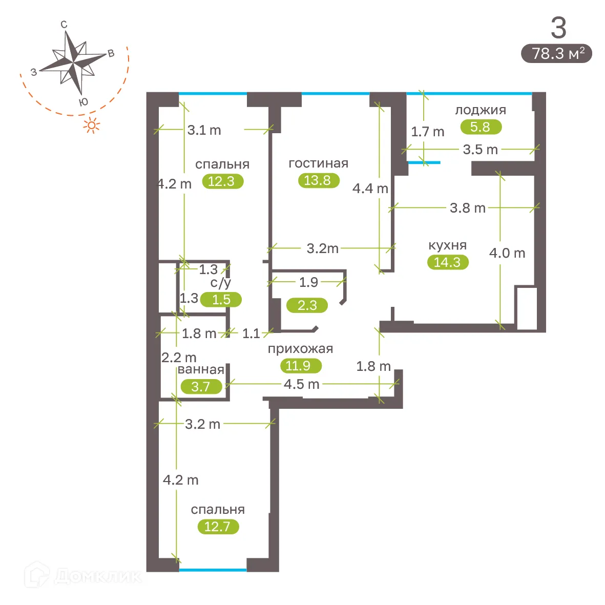 Планировка 3-комнатной квартиры 78.1 м² в ЖК Притяжение, г. Ставрополь — фото 5