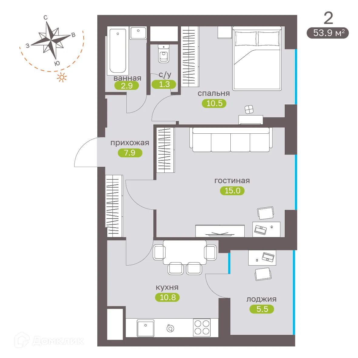 Планировка 2-комнатной квартиры 53.7 м² в ЖК Притяжение, г. Ставрополь — фото 4