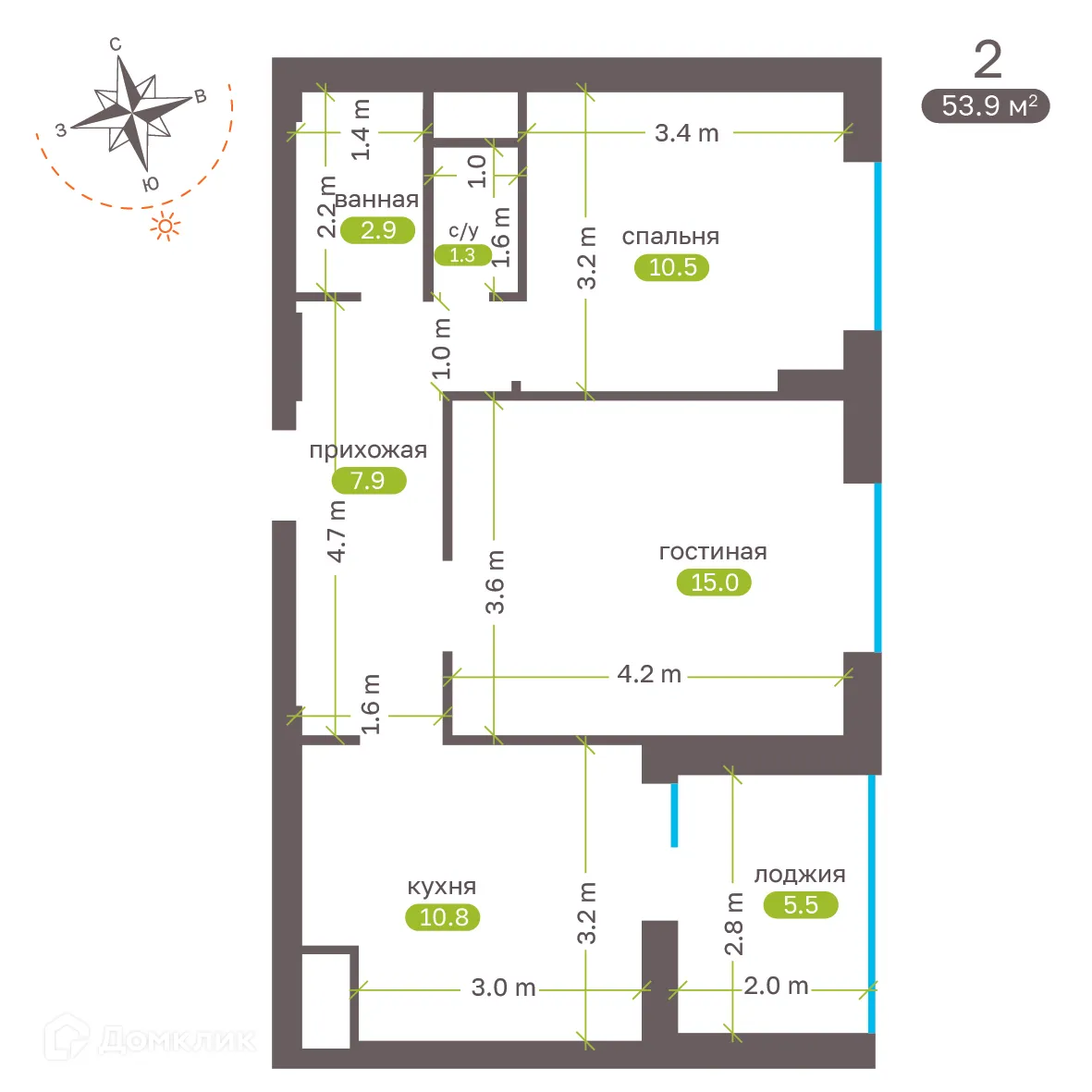 Планировка 2-комнатной квартиры 53.7 м² в ЖК Притяжение, г. Ставрополь — фото 5