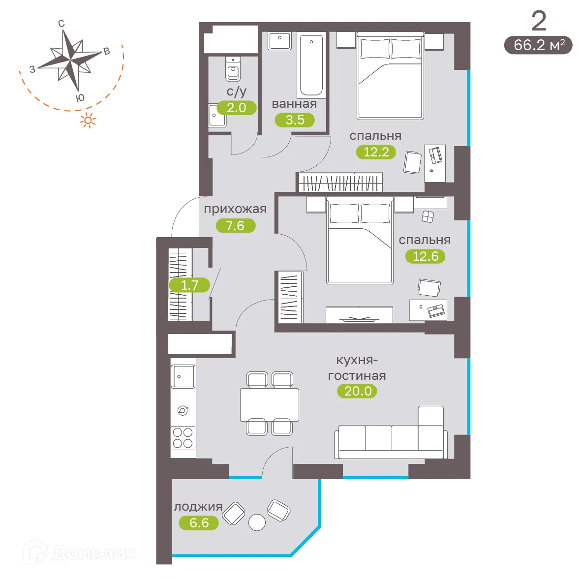 Планировка 2-комнатной квартиры 67.1 м² в ЖК Притяжение, г. Ставрополь — фото 4