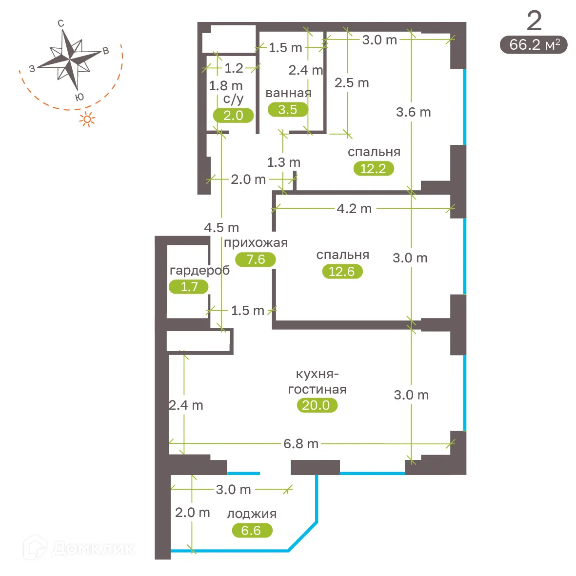 Планировка 2-комнатной квартиры 67.1 м² в ЖК Притяжение, г. Ставрополь — фото 5