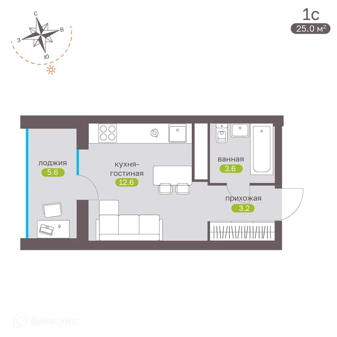 Планировка студии квартиры 24.6 м² в ЖК Притяжение, г. Ставрополь — фото 4
