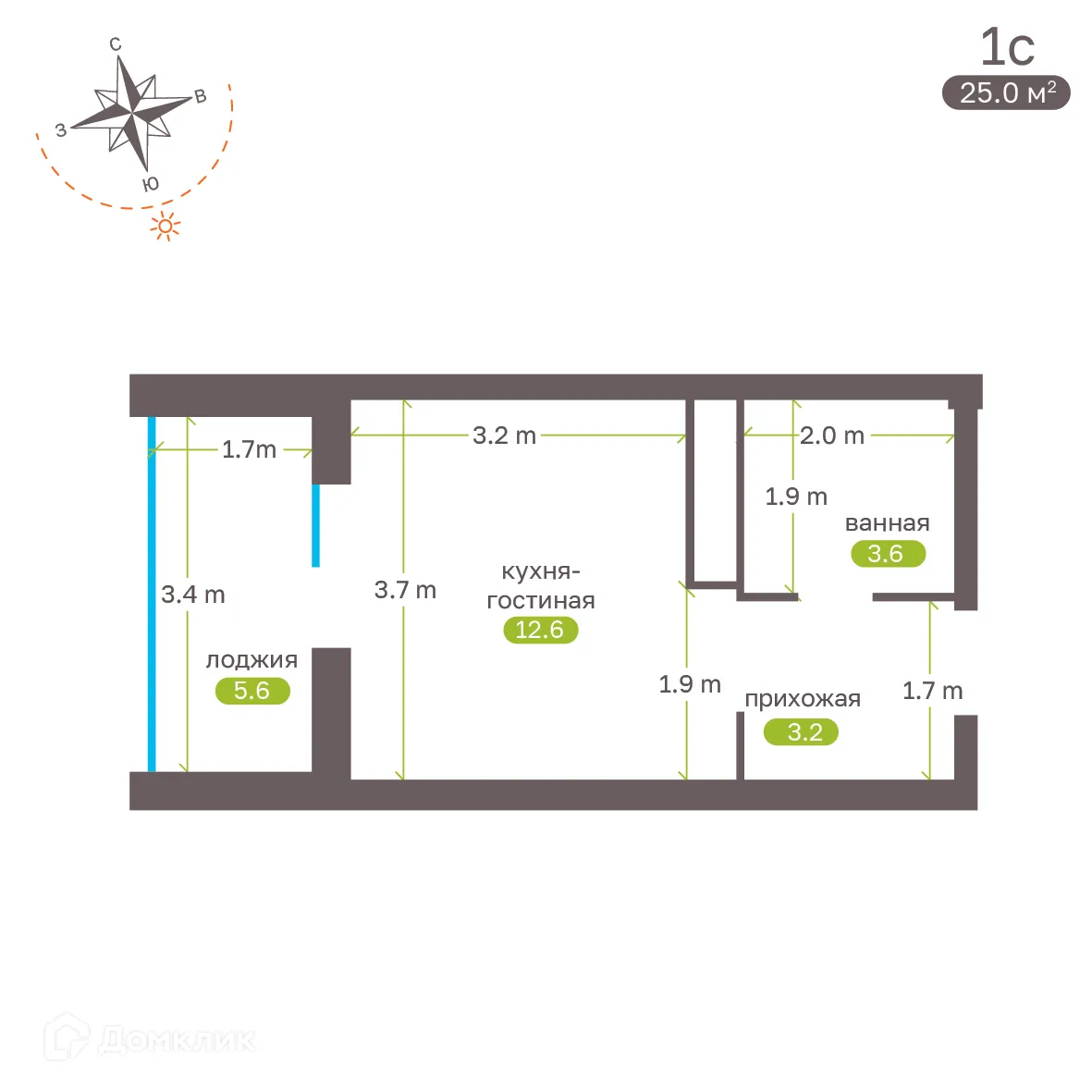 Планировка студии квартиры 24.6 м² в ЖК Притяжение, г. Ставрополь — фото 5