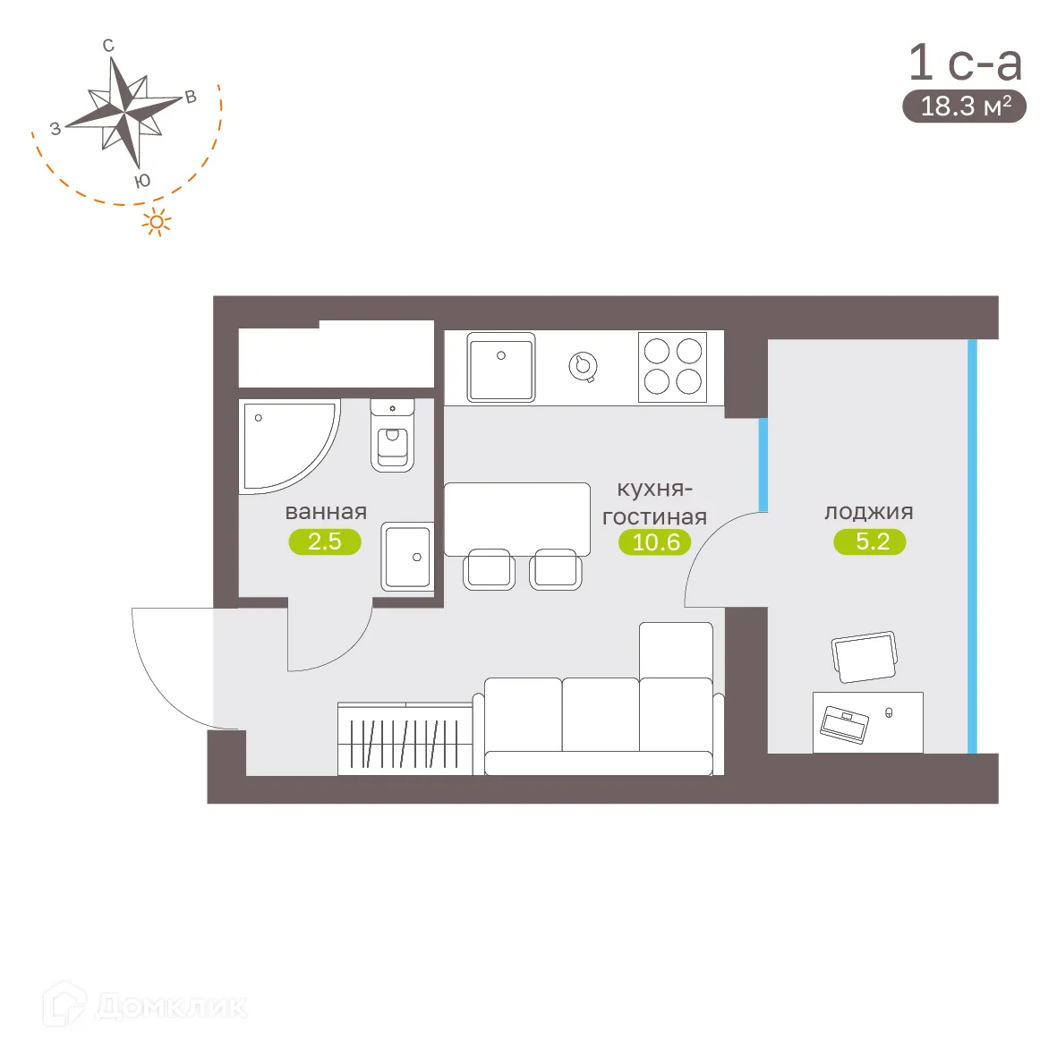 Планировка студии квартиры 18.1 м² в ЖК Притяжение, г. Ставрополь — фото 4