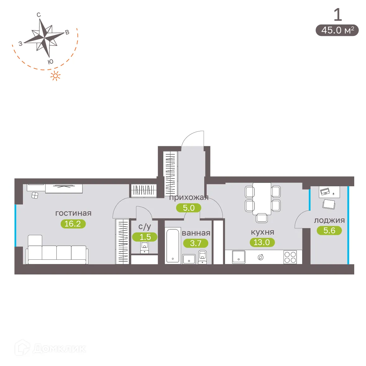 Планировка 1-комнатной квартиры 45 м² в ЖК Притяжение, г. Ставрополь — фото 4