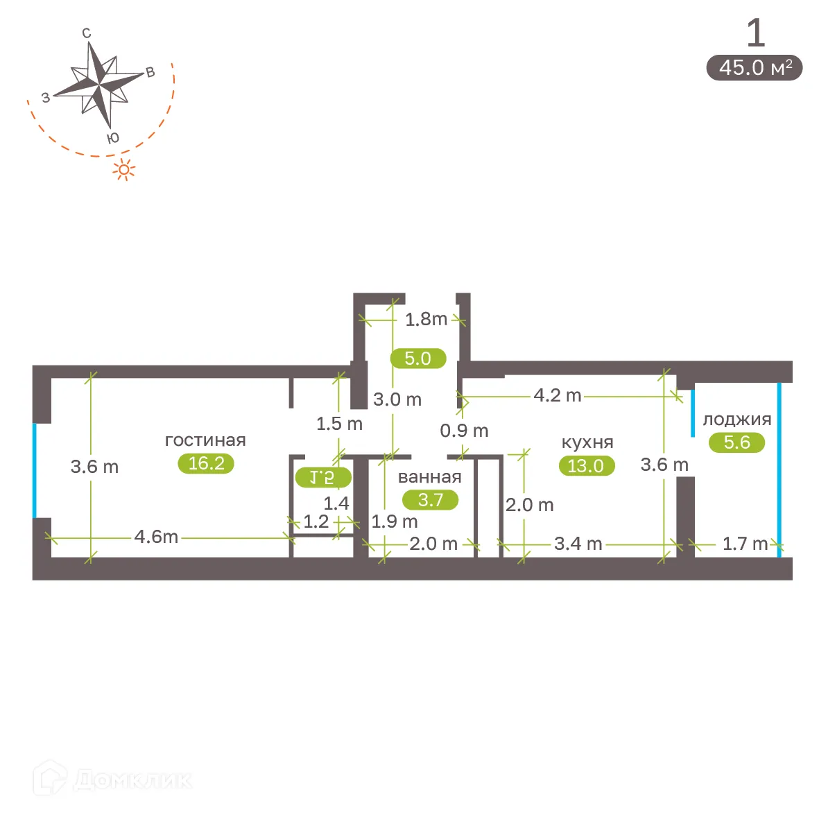 Планировка 1-комнатной квартиры 45 м² в ЖК Притяжение, г. Ставрополь — фото 5